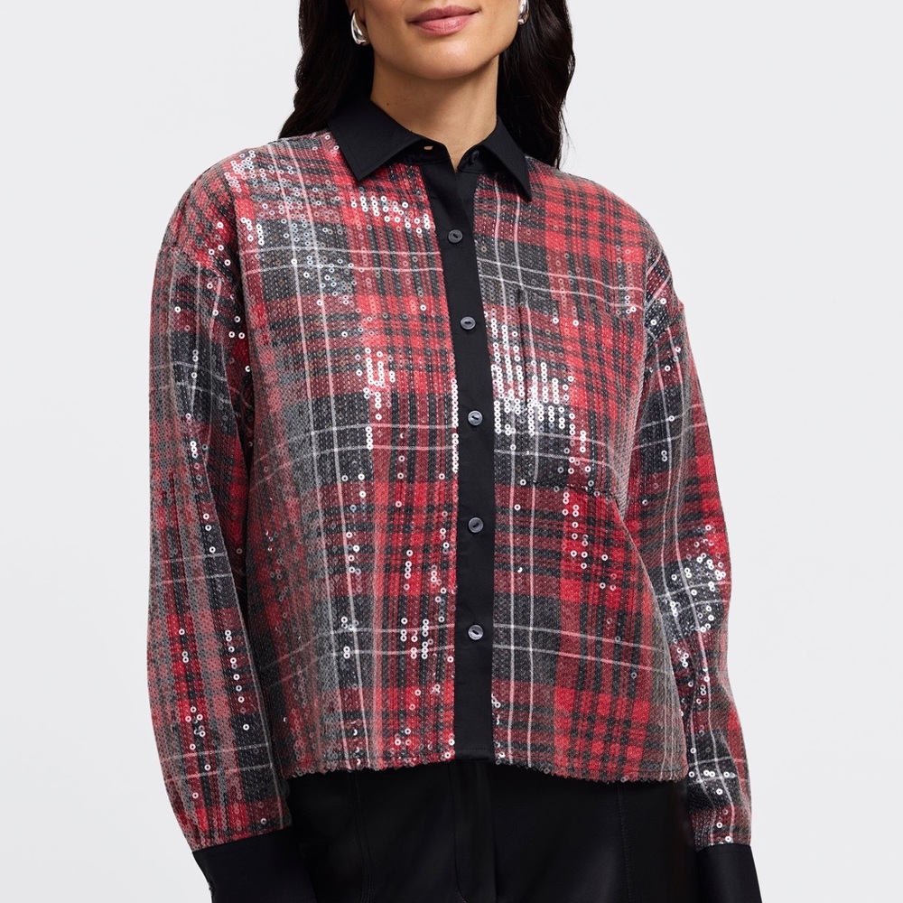 Plaid Sequin Women's Top - Red and Black